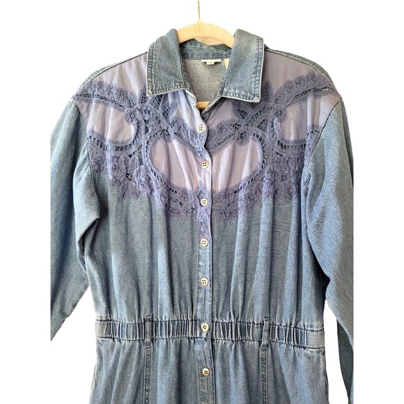 Vtg 80s Cowgirl Dress TOGETHER Denim Button Front Lace Insert Wide Sweep Elastic - Picture 2 of 11